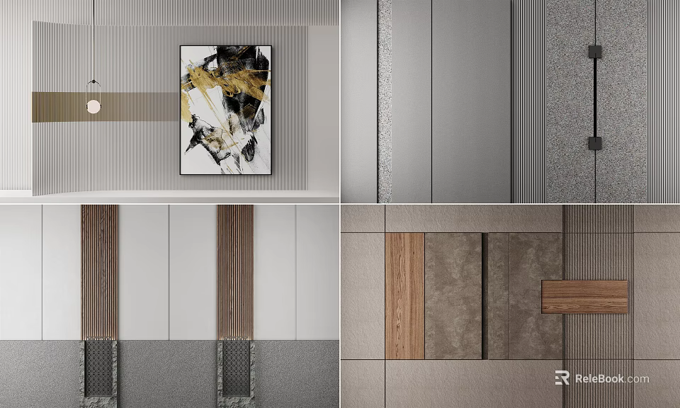 Modern Background Wall Design With Wooden Panels Stone Texture And Artwork 3d model 
