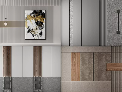 Modern Background Wall Design With Wooden Panels Stone Texture And Artwork 3d model