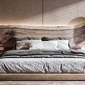 Modern Serene Bedroom Interior With Wooden Bedhead Pendant Lights And Potted Plant