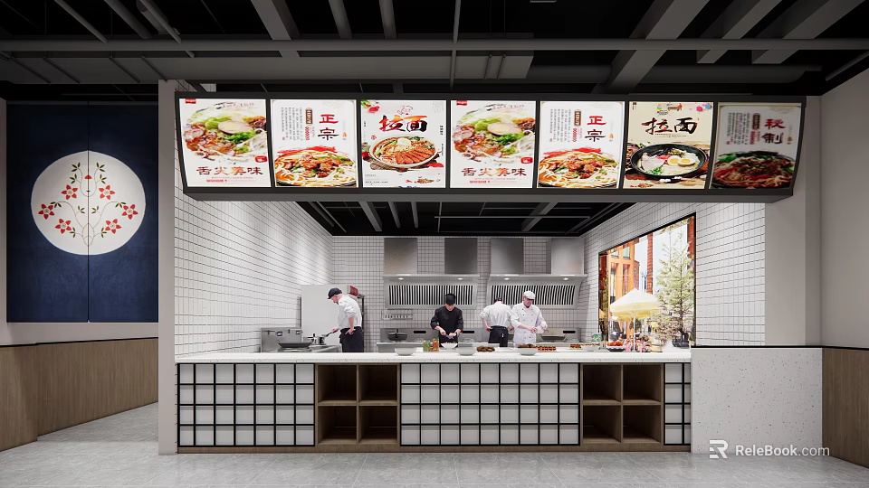 Modern Commercial Kitchen Interior With Open Counter Chefs Working And Menu Screens 3d model 