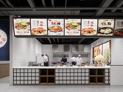 Modern Commercial Kitchen Interior With Open Counter Chefs Working And Menu Screens 3d model