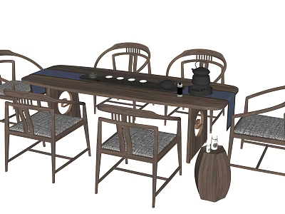 Traditional Chinese Wooden Tea Table And Chairs With Teapot Tea Cups And Vase Design 3d model
