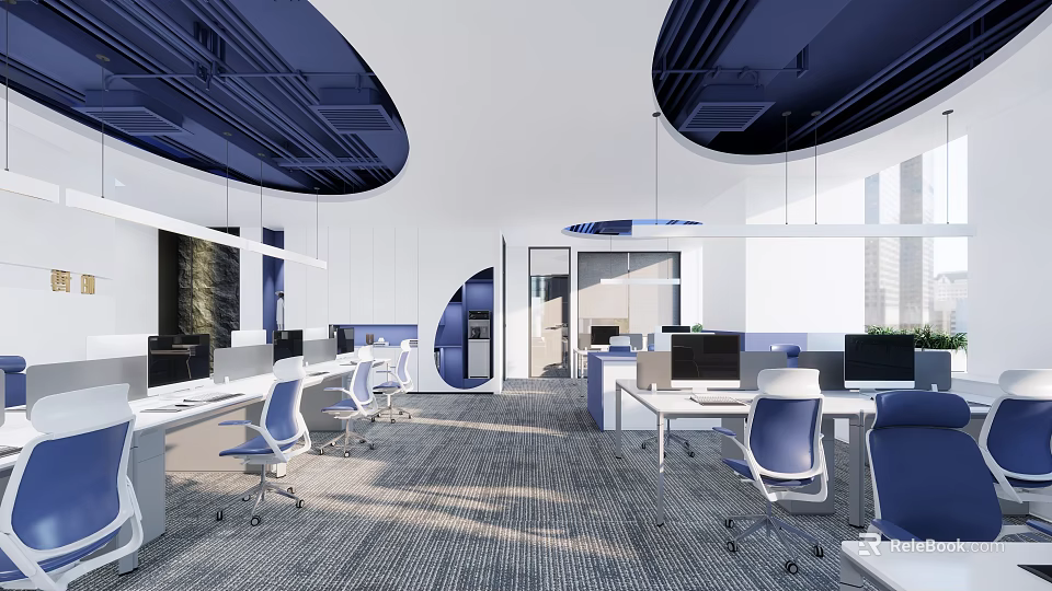 Public Office Space With Modern Design Open Layout Workstations Computers Ergonomic Chairs And Natural Light 3d model