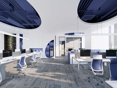 Public Office Space With Modern Design Open Layout Workstations Computers Ergonomic Chairs And Natural Light 3d model