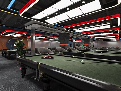 Billiard Room Interior Design With Pool Tables Modern Lighting And Comfortable Seats 3d model