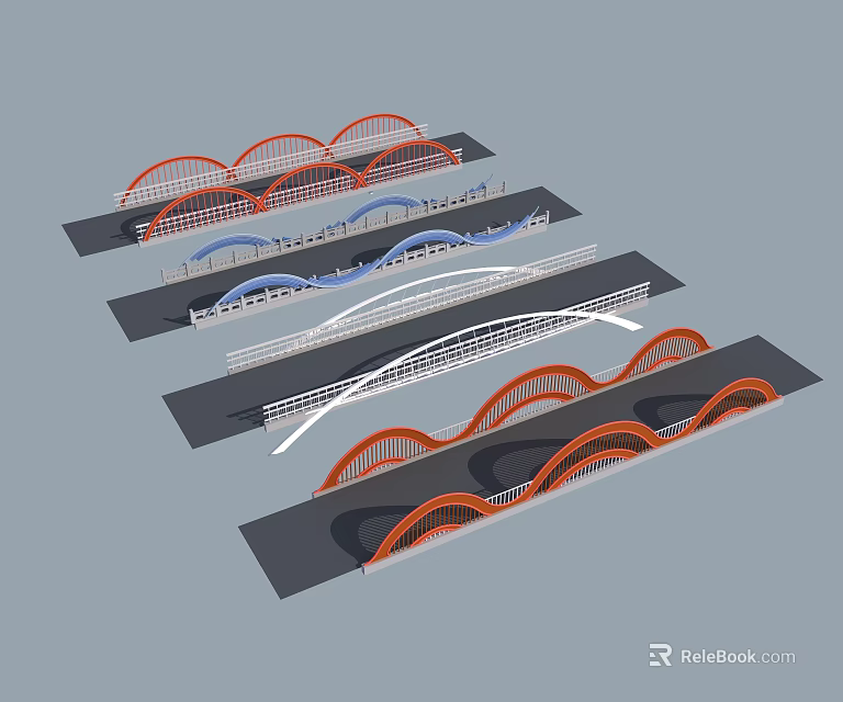 Various Design Bridge 3D Models With Red Blue Arched Structures Curved Designs On Gray Background 3d model