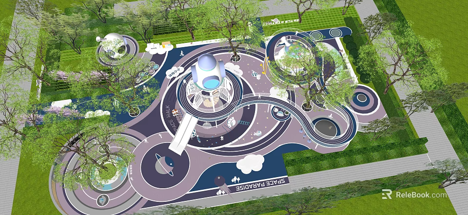 Elevated View of Children's Play Area with Circular Paths Trees and Play Structures 3d model 
