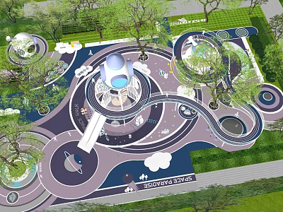 Elevated View of Children's Play Area with Circular Paths Trees and Play Structures 3d model