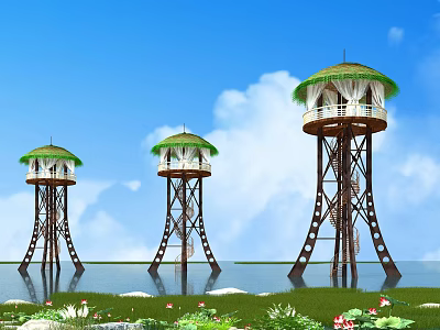 Three Waterfront Towers With Green Roofs Open Air Balconies And White Curtains 3d model
