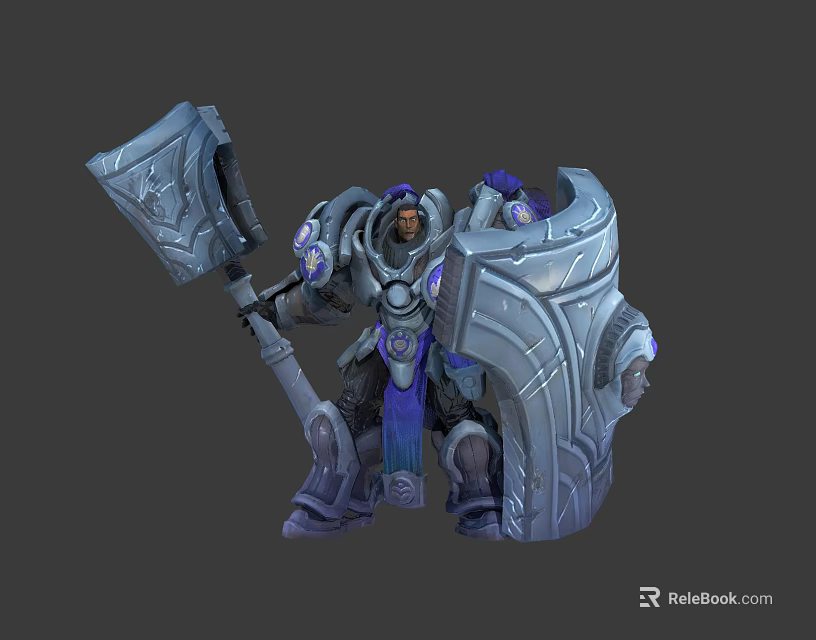 Muscular Warrior Character In Blue Silver Armor Holding Battle Axe And Shield 3d model 