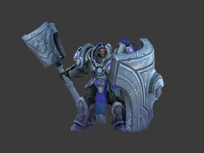 Muscular Warrior Character In Blue Silver Armor Holding Battle Axe And Shield 3d model