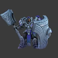 Muscular Warrior Character In Blue Silver Armor Holding Battle Axe And Shield
