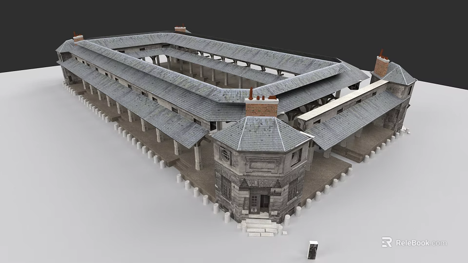 Traditional Urban Architectural Complex With Courtyard Gray Roof Stone Structure And Chimneys 3d model 