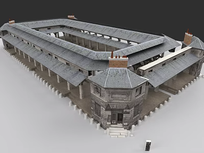 Traditional Urban Architectural Complex With Courtyard Gray Roof Stone Structure And Chimneys 3d model