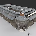 Traditional Urban Architectural Complex With Courtyard Gray Roof Stone Structure And Chimneys