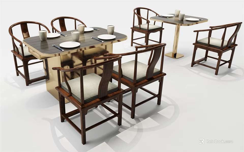 Traditional Wooden Dining Table Set With Upholstered Chairs And Tableware 3d model