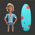 Cheerful Cartoon Male Character With Blonde Hair Blue Shirt Shorts And Red Dots Surfboard