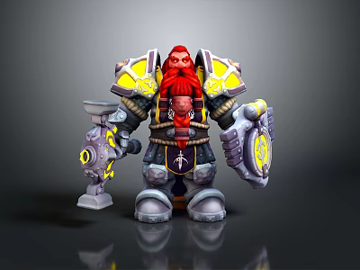 Dwarf Warrior Character With Red Beard Armored Shield Hammer And Yellow Accents 3d model