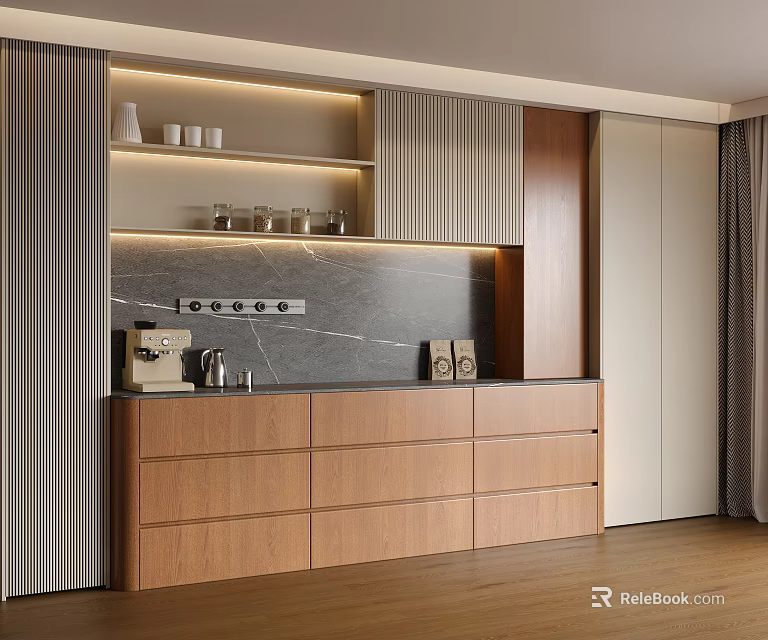 Modern Wooden Sideboard Interior With LED Lighting Open Shelves And Marble Countertop 3d model 