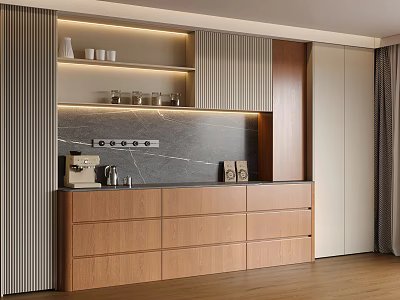 Modern Wooden Sideboard Interior With LED Lighting Open Shelves And Marble Countertop 3d model