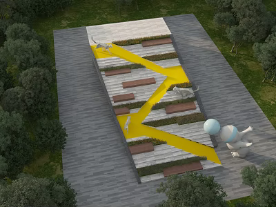 Modern Tree Planter Design With Wooden Platform Yellow Path Benches And Greenery 3d model