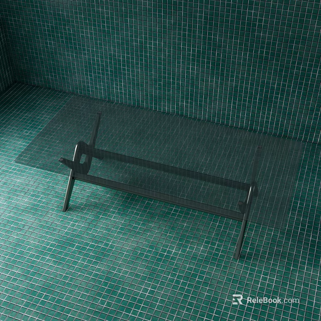 Modern Coffee Table With Glass Top And Black Frame In Green Mosaic Tile Room 3d model 