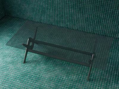 Modern Coffee Table With Glass Top And Black Frame In Green Mosaic Tile Room 3d model