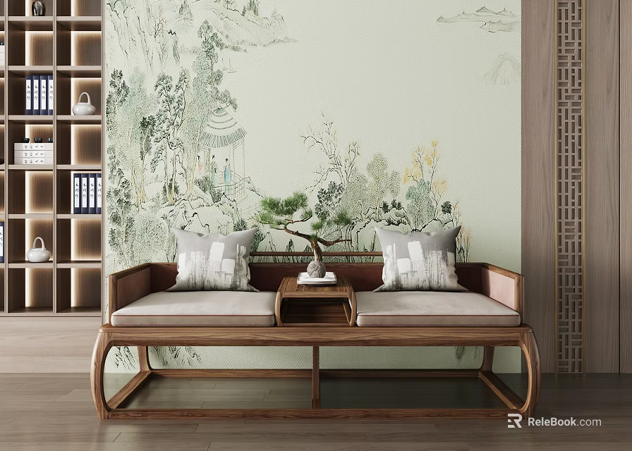 Traditional Chinese Arhat Bed With Wooden Frame Soft Cushions And Landscape Wall Mural 3d model 