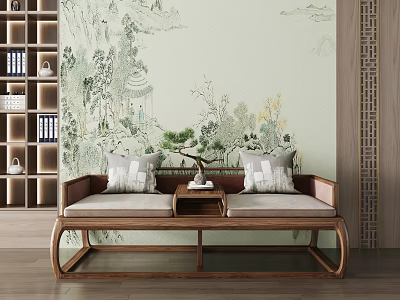 Traditional Chinese Arhat Bed With Wooden Frame Soft Cushions And Landscape Wall Mural 3d model