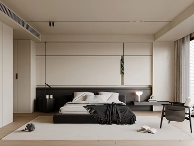 Modern Bedroom Interior With Black Bed White Rug Nightstand And Accent Chair Window Art 3d model