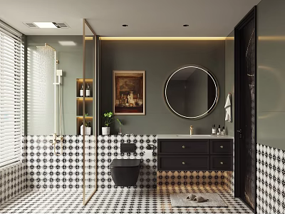 Modern Bathroom Interior Design With Black And White Checkered Tiles Round Mirror And Dark Cabinets 3d model