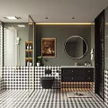 Modern Bathroom Interior Design With Black And White Checkered Tiles Round Mirror And Dark Cabinets