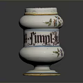 Floral Sculpture Carving on White Vase with Blue and Yellow Edges and Black Lettering Himput-F