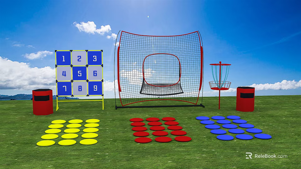 Outdoor Sports Equipment With Numbered Boards Net And Colored Circular Mats On Green Grass 3d model 