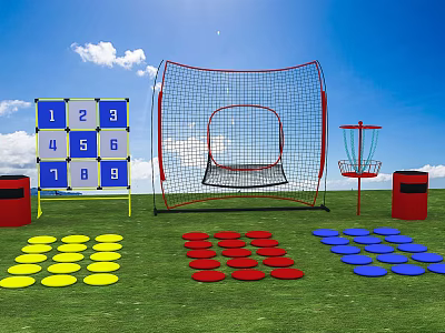 Outdoor Sports Equipment With Numbered Boards Net And Colored Circular Mats On Green Grass 3d model