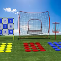 Outdoor Sports Equipment With Numbered Boards Net And Colored Circular Mats On Green Grass