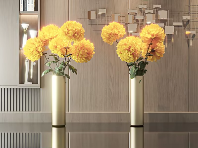 Modern Interior With Gold Vases Holding Yellow Flowers And Geometric Wooden Wall Decorations 3d model