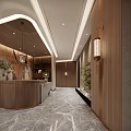 Modern Hotel Corridor With Wooden Walls Marble Flooring And Recessed Ceiling Lights