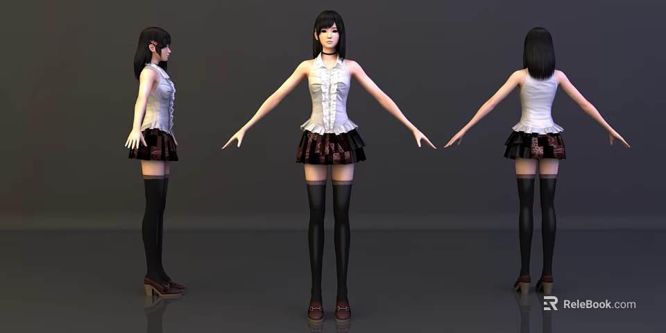 Woman Wearing White Blouse Black Skirt Thigh High Socks Brown Shoes Three Angles 3d model 