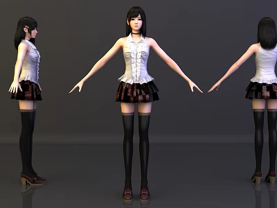 Woman Wearing White Blouse Black Skirt Thigh High Socks Brown Shoes Three Angles 3d model