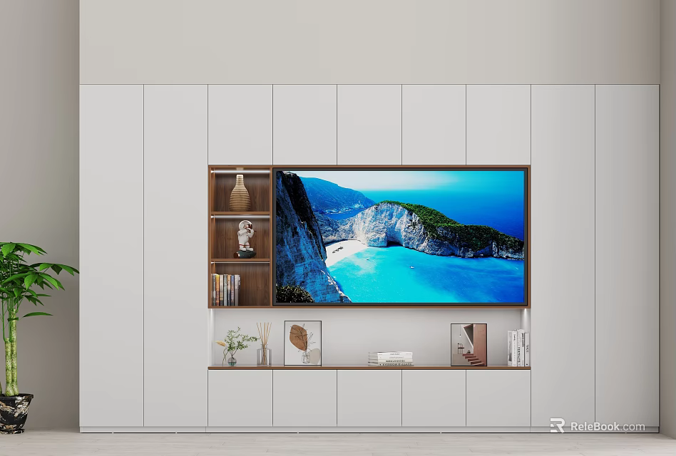 Elegant White TV Wall Unit With Wooden Open Shelves Books Photo Frames And Decorations 3d model 
