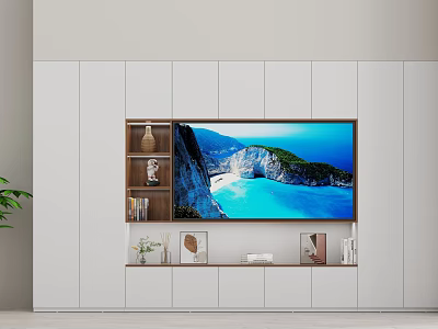 Elegant White TV Wall Unit With Wooden Open Shelves Books Photo Frames And Decorations 3d model
