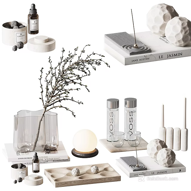 Stylish Decorative Ornament Set With Glass Vase Dried Twig Scented Candle And Geometric Decor 3d model 