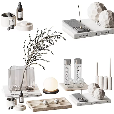 Stylish Decorative Ornament Set With Glass Vase Dried Twig Scented Candle And Geometric Decor 3d model