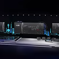 Modern Technology Conference Stage Featuring Large Screens INNOVATION Text World Grid And Digital Graphics
