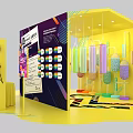 Vibrant Interactive Zone With Colorful Hanging Columns Yellow Structure Neon Lights And Visitor Interaction 3d model