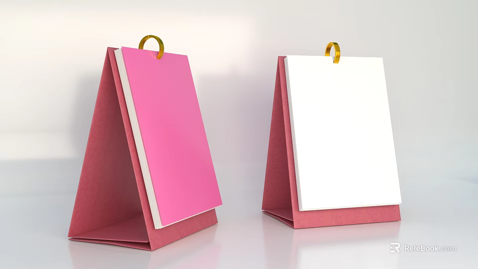 Double Desktop Calendar Stand With Pink White Cover And Golden Ring Red Base 3d model 