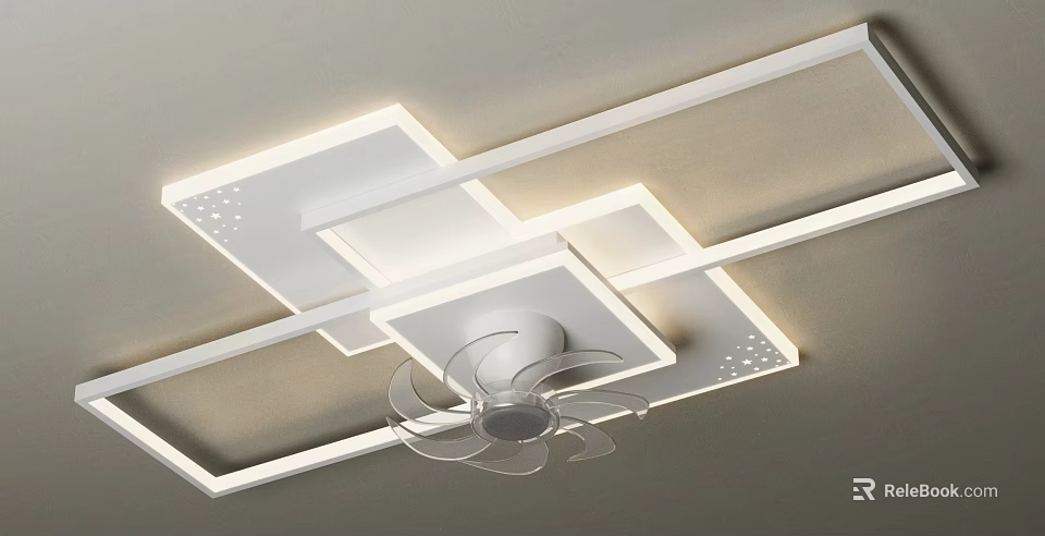 Modern Geometric Frame Ceiling Light With LED Strips Perforated Details And Ceiling Fan 3d model 