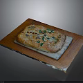 Golden Baked Flatbread With Fresh Herbs And Colorful Toppings On Wooden Tray
