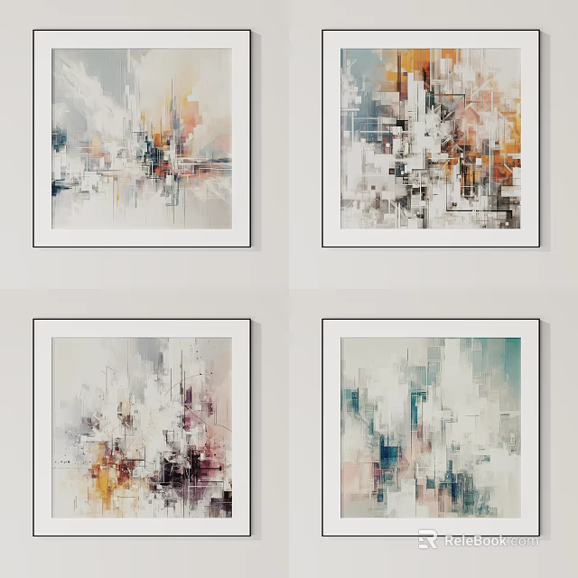 Four Abstract Paintings In White Frames On Wall With Modern Art Style 3d model 